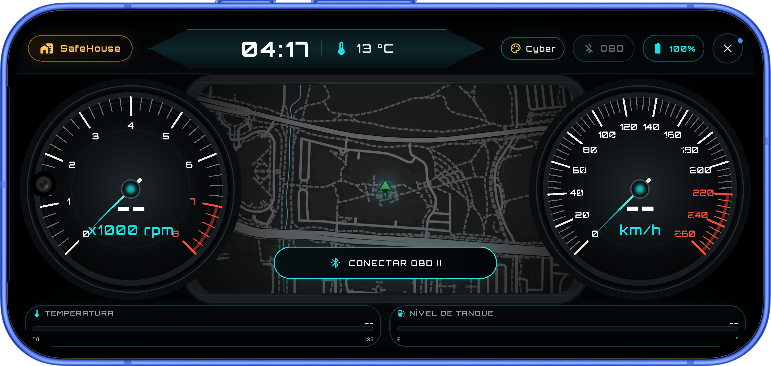 Modo piloto com tema cyber e painel OBD horizontal